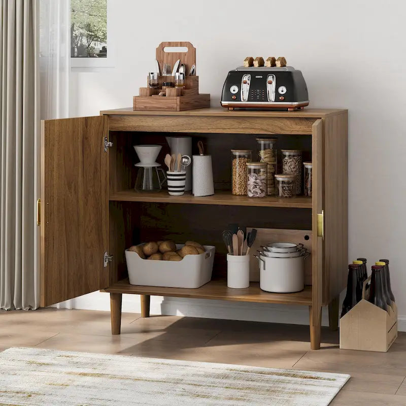 Buffet en Noyer, Meuble de Rangement Autoportant avec Rainures, Meuble de Rangement en Bois avec Étagère Réglable