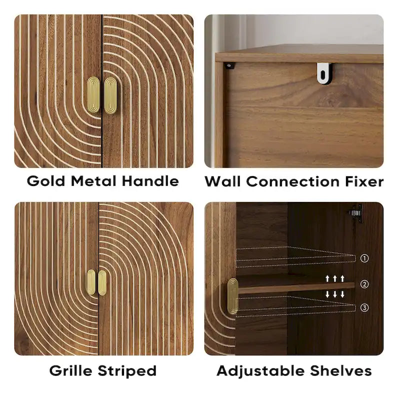 Buffet en Noyer, Meuble de Rangement Autoportant avec Rainures, Meuble de Rangement en Bois avec Étagère Réglable