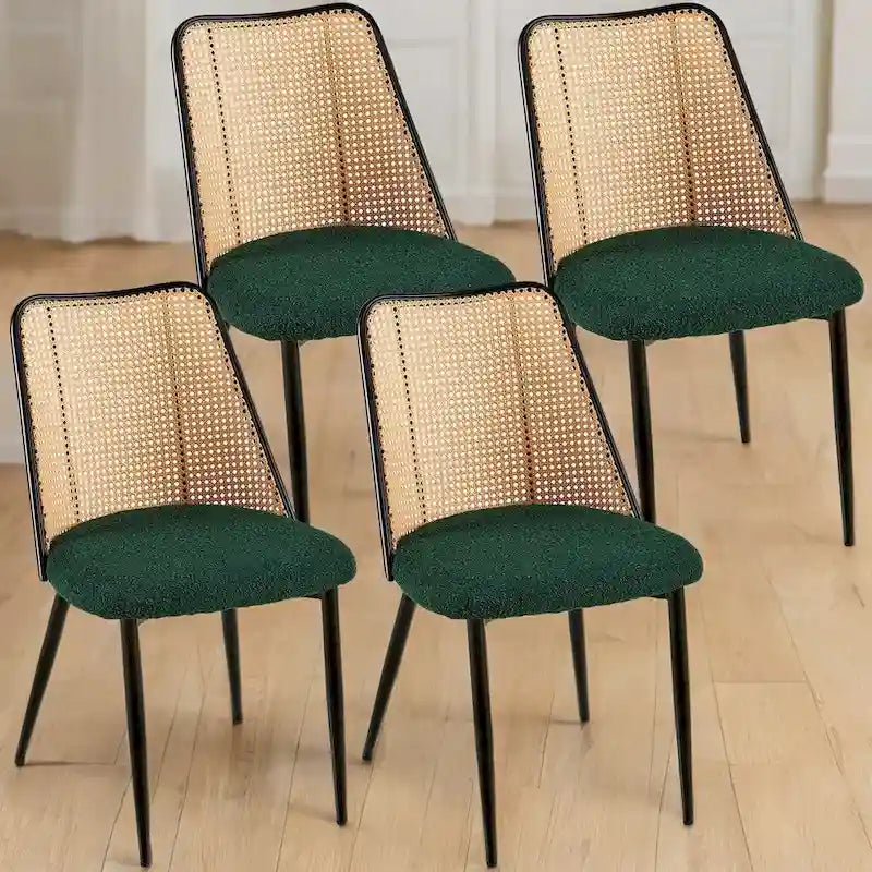 Chaises de salle à manger lot de 4, Chaises en tissu bouclette avec dossier en rotin naturel