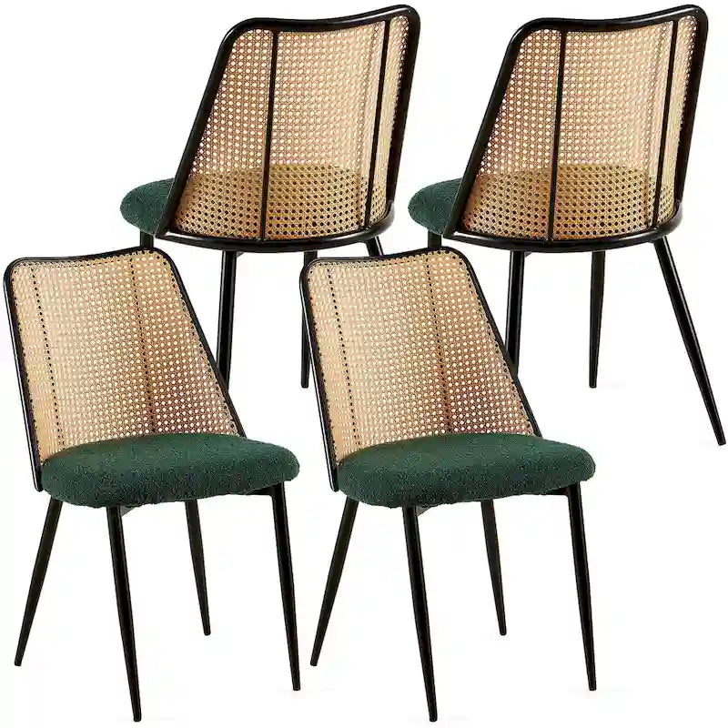 Chaises de salle à manger lot de 4, Chaises en tissu bouclette avec dossier en rotin naturel