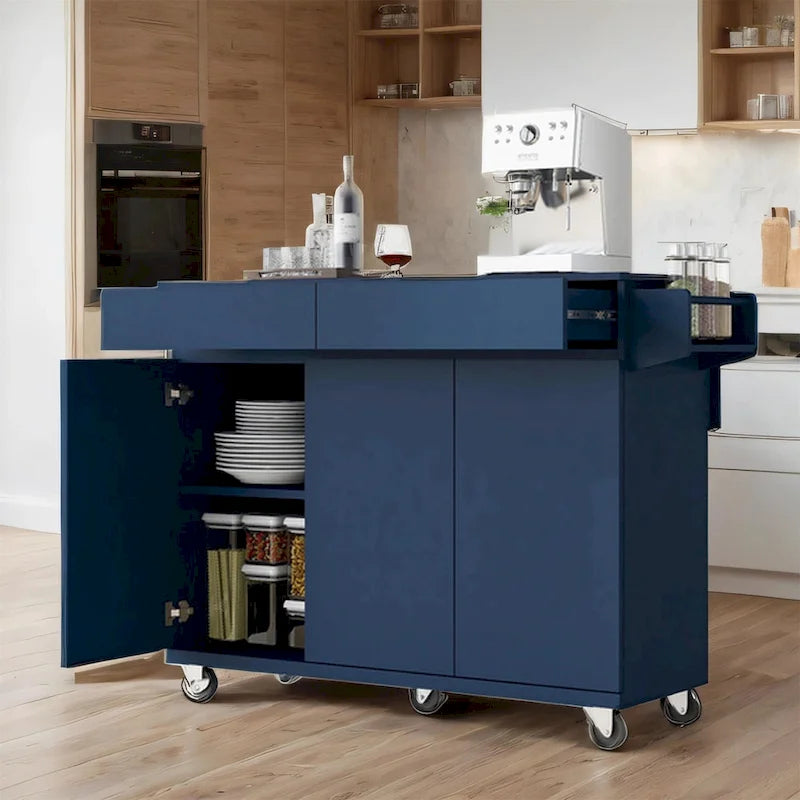 Îlot de cuisine roulant de 134,6 cm avec abattant, porte-épices, étagères réglables