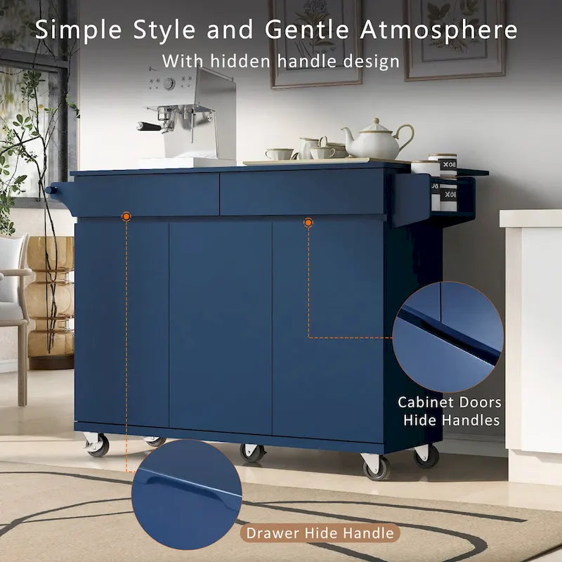 Îlot de cuisine roulant de 134,6 cm avec abattant, porte-épices, étagères réglables