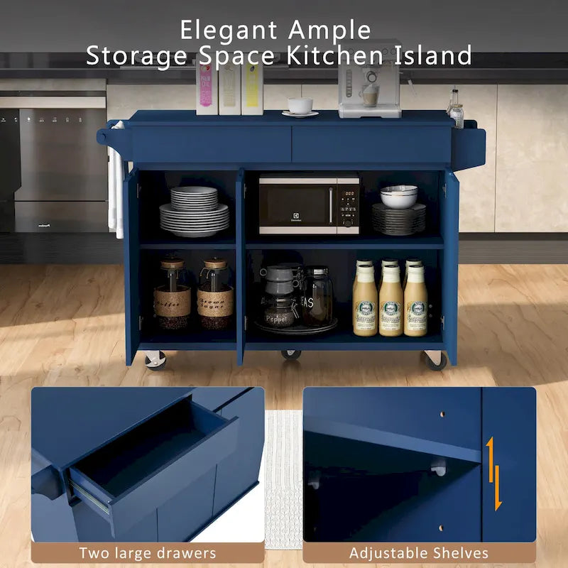 Îlot de cuisine roulant de 134,6 cm avec abattant, porte-épices, étagères réglables