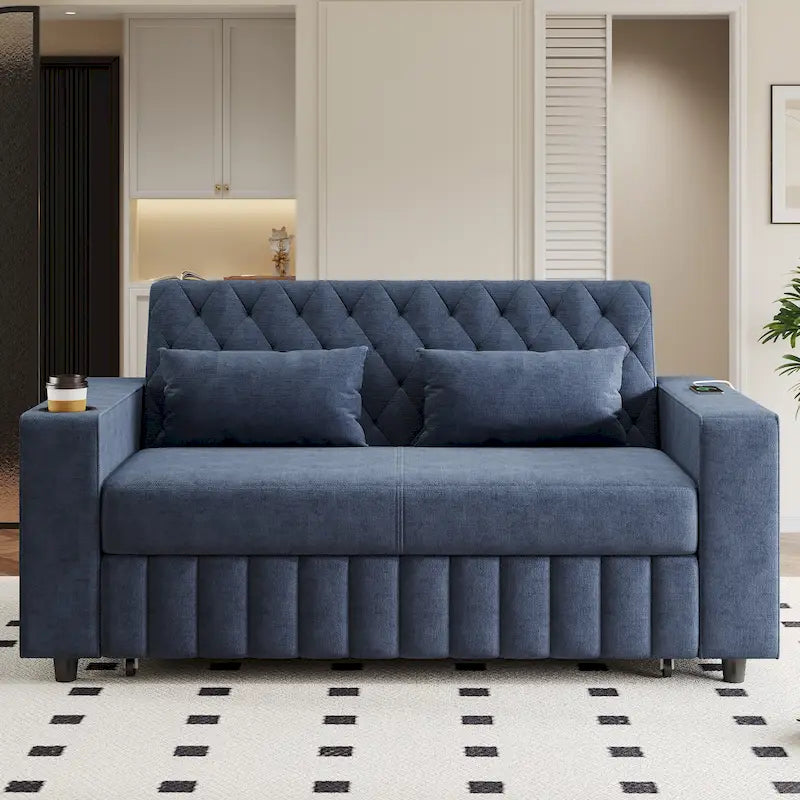 Canapé-lit transformable en tissu chenille avec dossier capitonné réglable, ports USB et grand espace de rangement