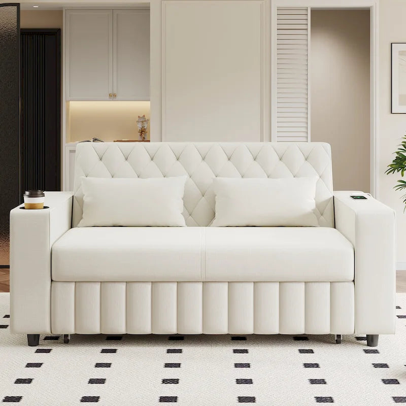 Canapé-lit transformable en tissu chenille avec dossier capitonné réglable, ports USB et grand espace de rangement