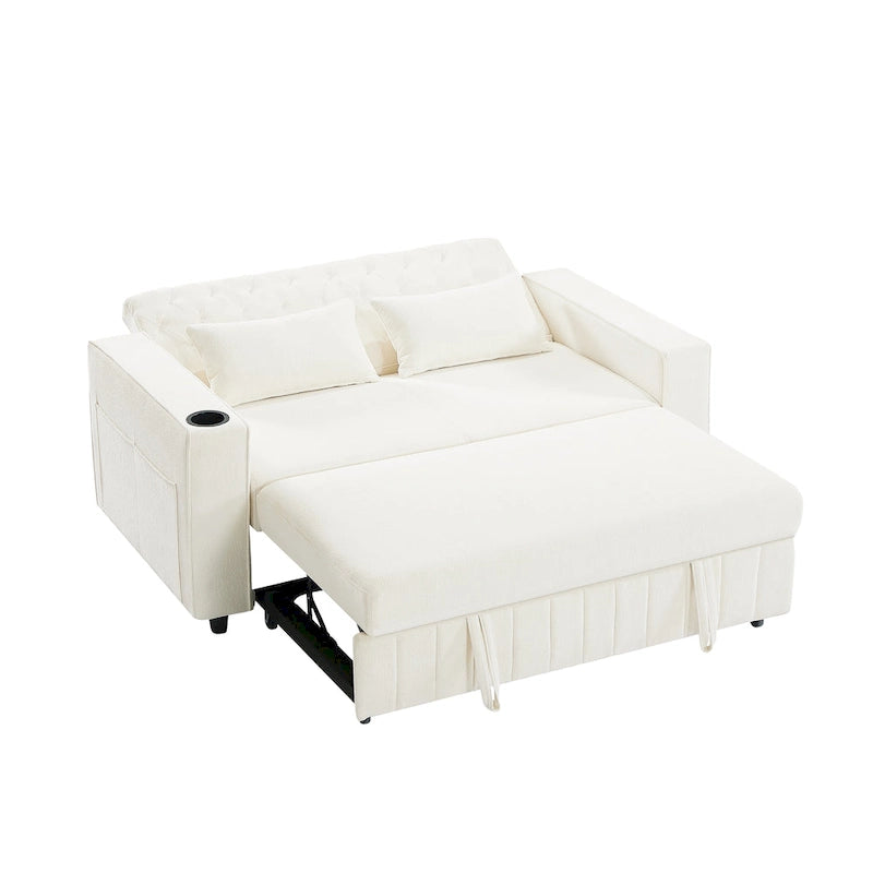 Canapé-lit transformable en tissu chenille avec dossier capitonné réglable, ports USB et grand espace de rangement