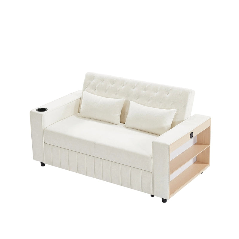 Canapé-lit transformable en tissu chenille avec dossier capitonné réglable, ports USB et grand espace de rangement