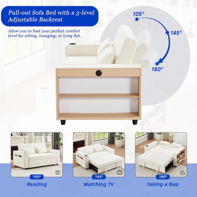 Canapé-lit transformable en tissu chenille avec dossier capitonné réglable, ports USB et grand espace de rangement