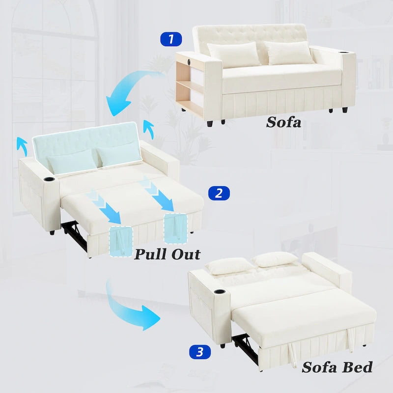 Canapé-lit transformable en tissu chenille avec dossier capitonné réglable, ports USB et grand espace de rangement