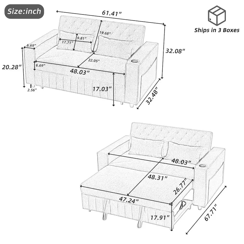 Canapé-lit transformable en tissu chenille avec dossier capitonné réglable, ports USB et grand espace de rangement
