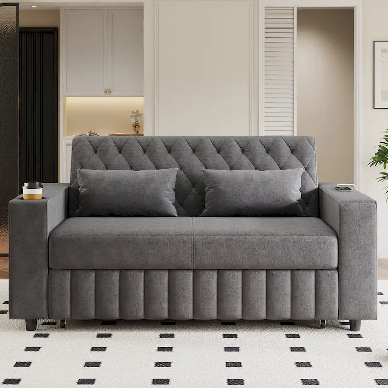 Canapé-lit transformable en tissu chenille avec dossier capitonné réglable, ports USB et grand espace de rangement