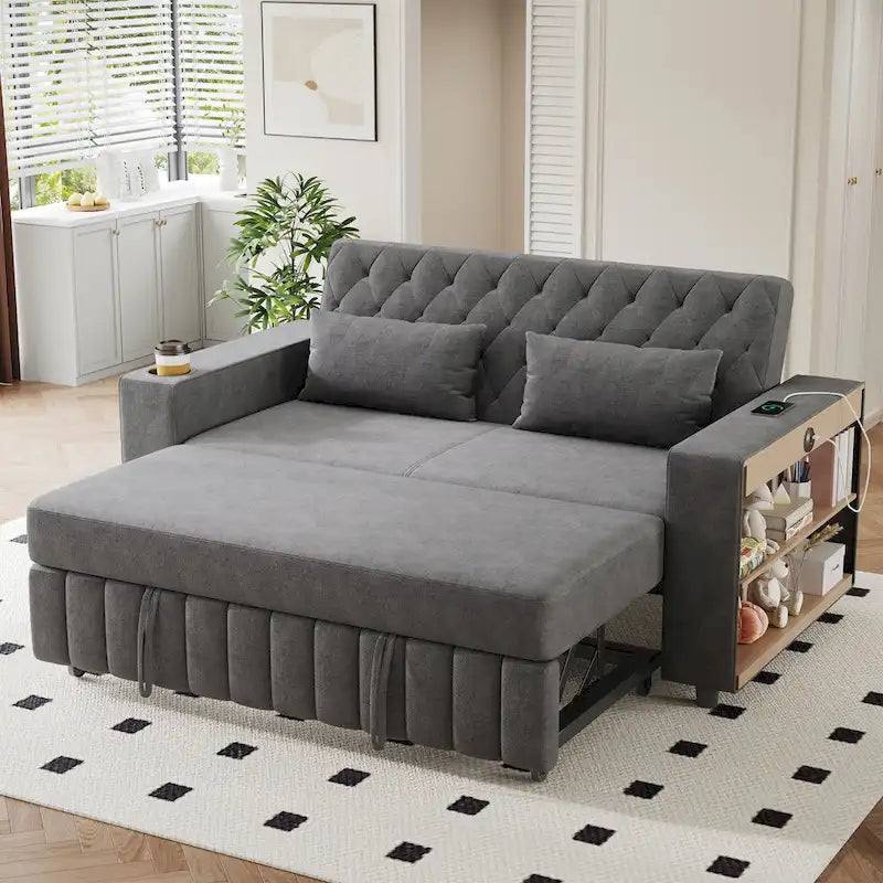 Canapé-lit transformable en tissu chenille avec dossier capitonné réglable, ports USB et grand espace de rangement
