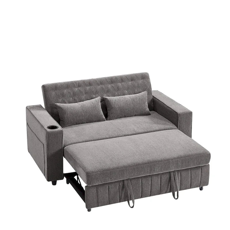 Canapé-lit transformable en tissu chenille avec dossier capitonné réglable, ports USB et grand espace de rangement