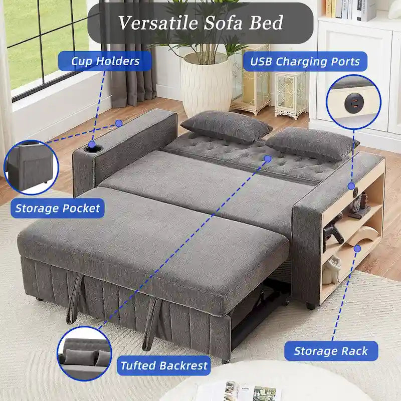 Canapé-lit transformable en tissu chenille avec dossier capitonné réglable, ports USB et grand espace de rangement