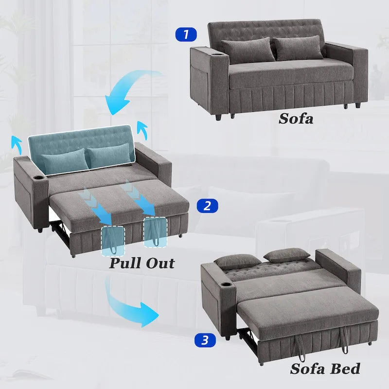 Canapé-lit transformable en tissu chenille avec dossier capitonné réglable, ports USB et grand espace de rangement