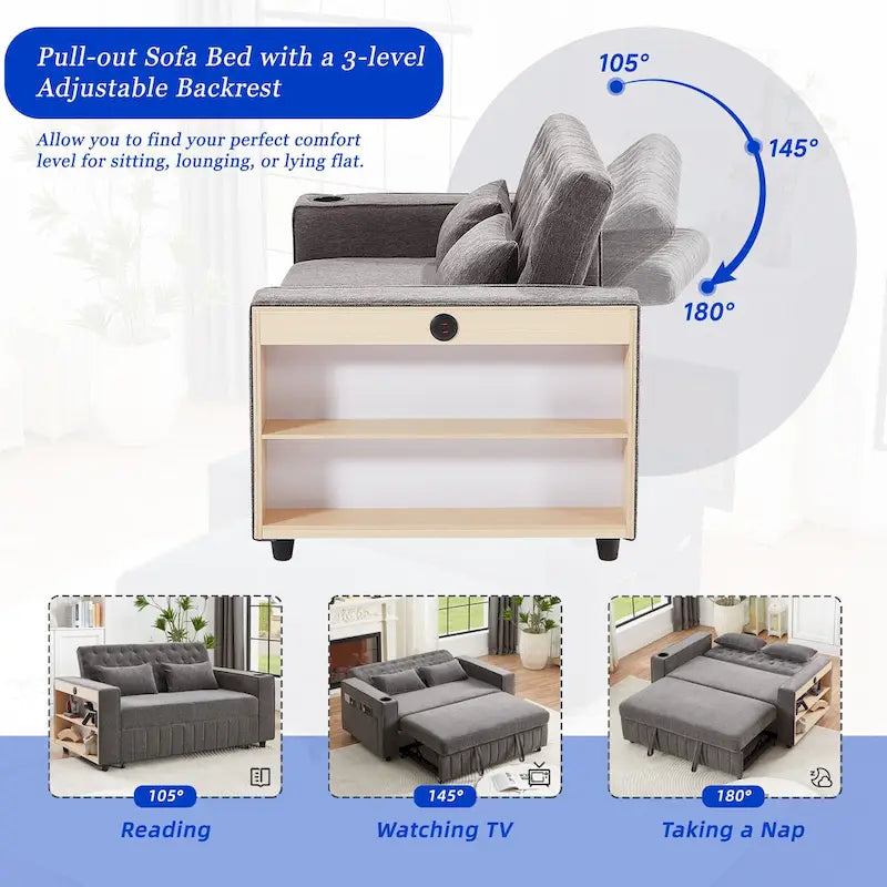 Canapé-lit transformable en tissu chenille avec dossier capitonné réglable, ports USB et grand espace de rangement