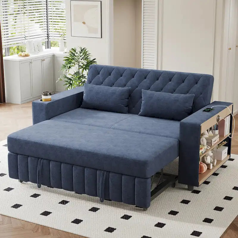 Canapé-lit transformable en tissu chenille avec dossier capitonné réglable, ports USB et grand espace de rangement