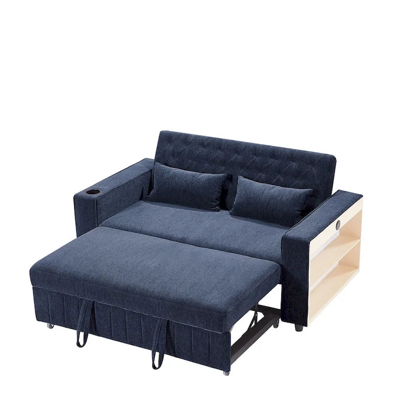 Canapé-lit transformable en tissu chenille avec dossier capitonné réglable, ports USB et grand espace de rangement