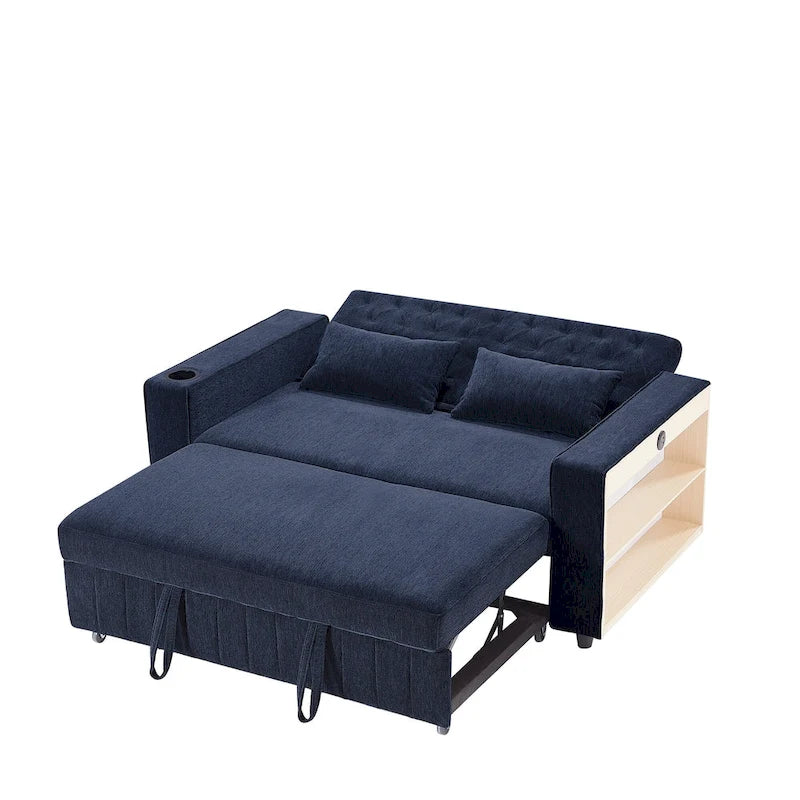 Canapé-lit transformable en tissu chenille avec dossier capitonné réglable, ports USB et grand espace de rangement