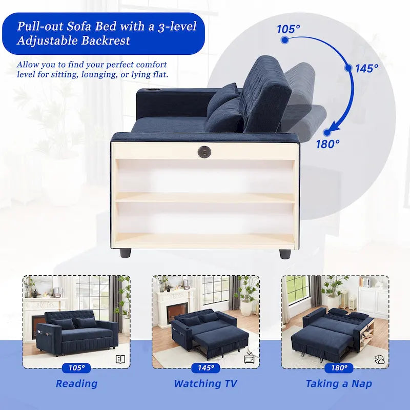 Canapé-lit transformable en tissu chenille avec dossier capitonné réglable, ports USB et grand espace de rangement