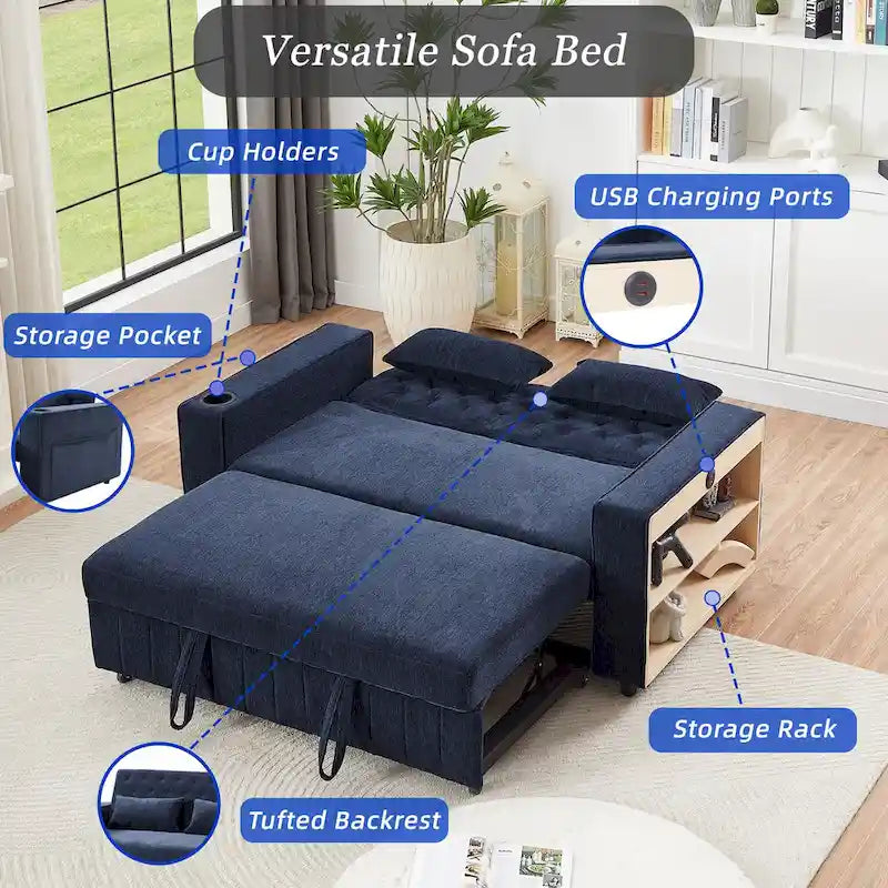 Canapé-lit transformable en tissu chenille avec dossier capitonné réglable, ports USB et grand espace de rangement