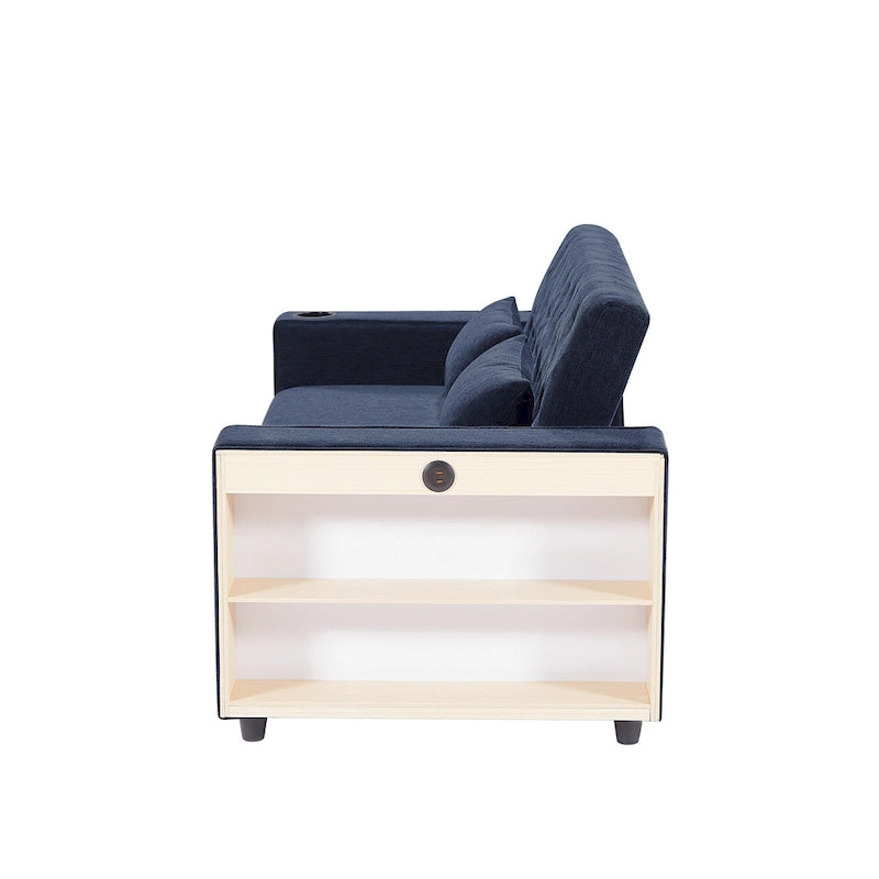 Canapé-lit transformable en tissu chenille avec dossier capitonné réglable, ports USB et grand espace de rangement