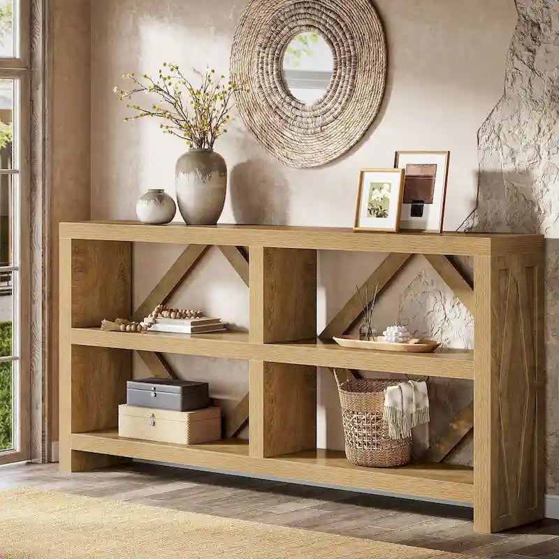 Console longue de 71 po avec 3 niveaux de rangement, table de canapé industrielle