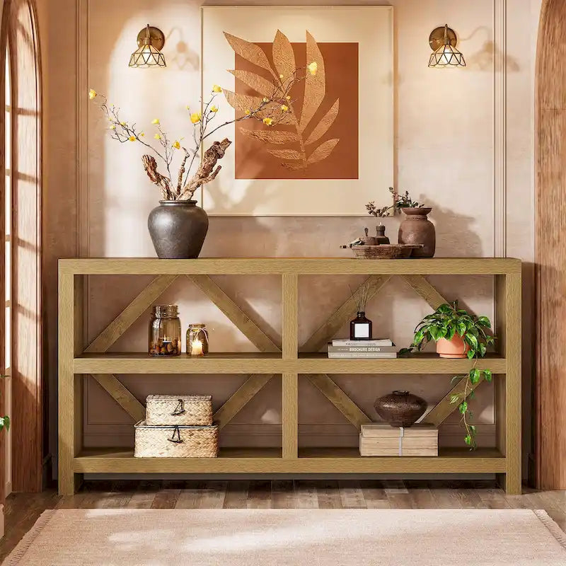 Console longue de 71 po avec 3 niveaux de rangement, table de canapé industrielle