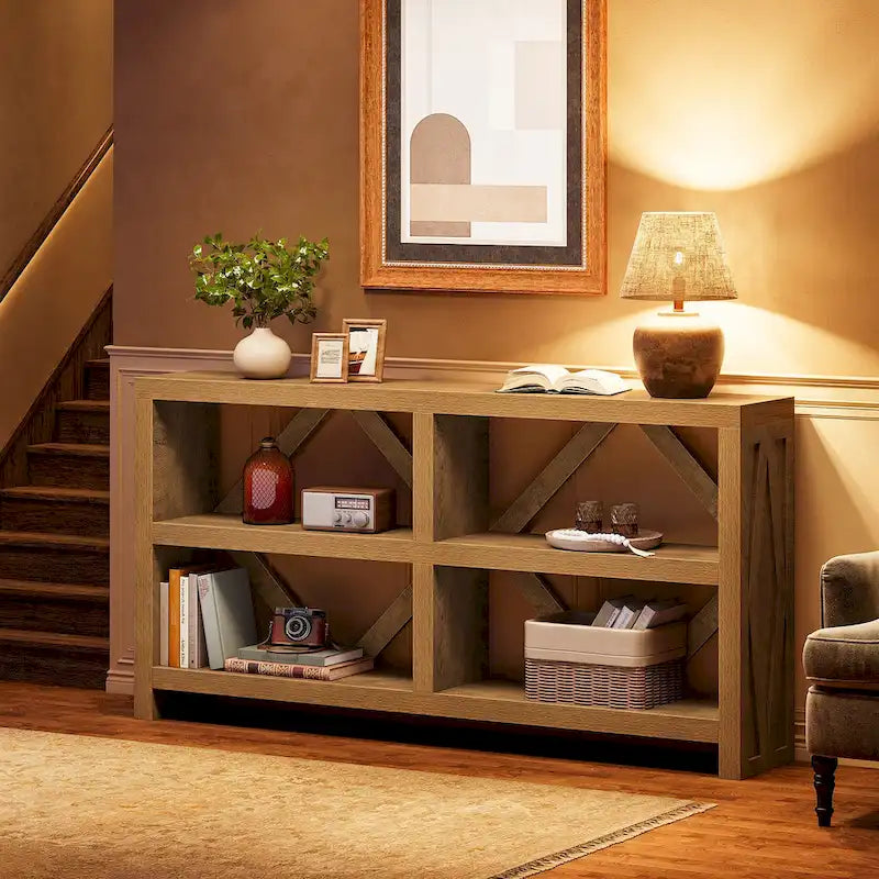 Console longue de 71 po avec 3 niveaux de rangement, table de canapé industrielle