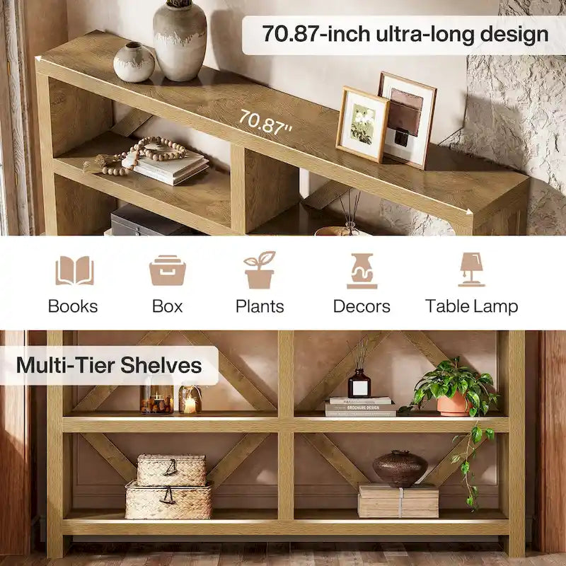 Console longue de 71 po avec 3 niveaux de rangement, table de canapé industrielle