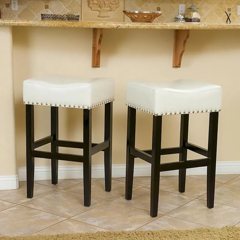 Roomfitters Lot de 2 tabourets de bar sans dossier en cuir de 76 cm, chaises de bar rembourrées avec cadre en bois, couleur ivoire