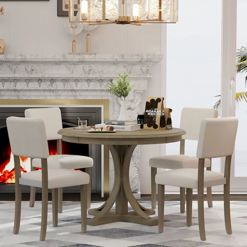 Ensemble de salle à manger rond 5 pièces rétro, ensemble de table à manger de cuisine style ferme avec pieds de table en tréteaux incurvés pour salle à manger