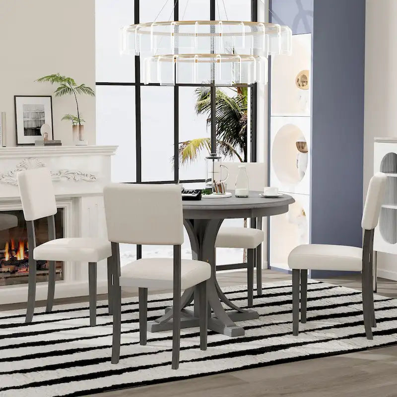 Ensemble de salle à manger rond 5 pièces rétro, ensemble de table à manger de cuisine style ferme avec pieds de table en tréteaux incurvés pour salle à manger