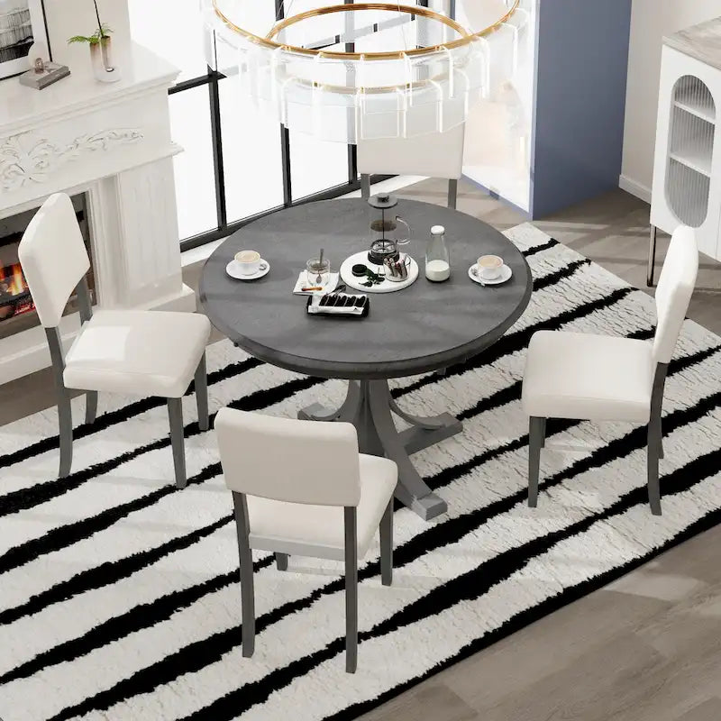 Ensemble de salle à manger rond 5 pièces rétro, ensemble de table à manger de cuisine style ferme avec pieds de table en tréteaux incurvés pour salle à manger