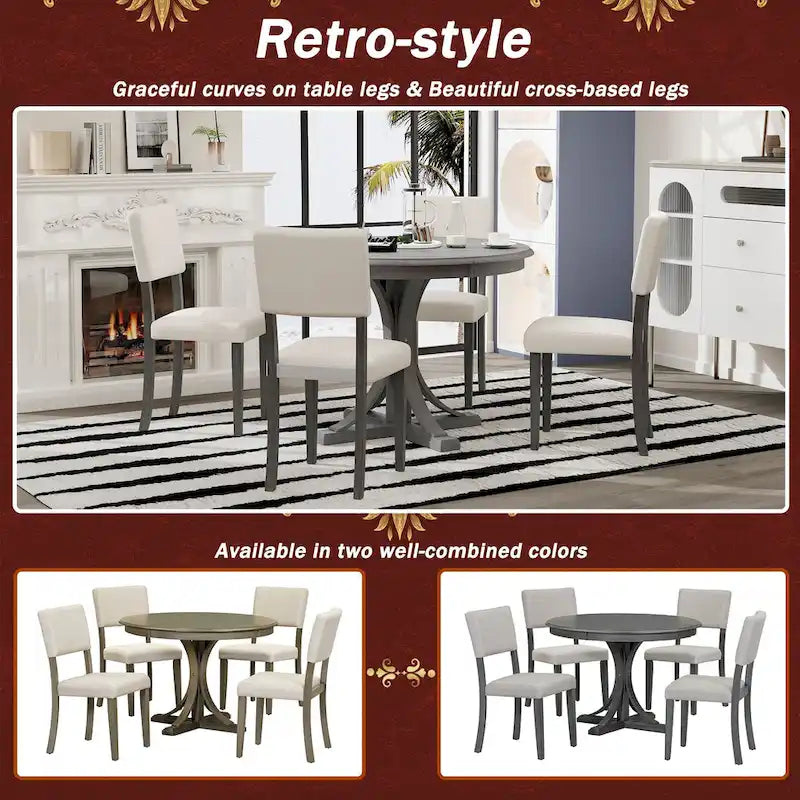 Ensemble de salle à manger rond 5 pièces rétro, ensemble de table à manger de cuisine style ferme avec pieds de table en tréteaux incurvés pour salle à manger