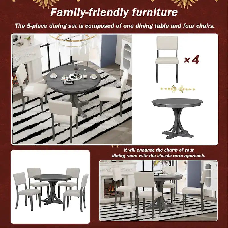 Ensemble de salle à manger rond 5 pièces rétro, ensemble de table à manger de cuisine style ferme avec pieds de table en tréteaux incurvés pour salle à manger