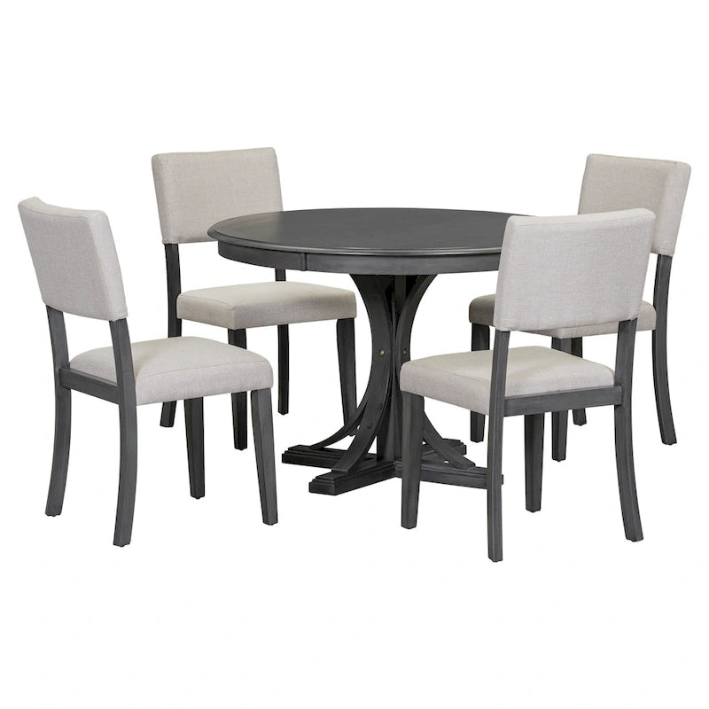 Ensemble de salle à manger rond 5 pièces rétro, ensemble de table à manger de cuisine style ferme avec pieds de table en tréteaux incurvés pour salle à manger