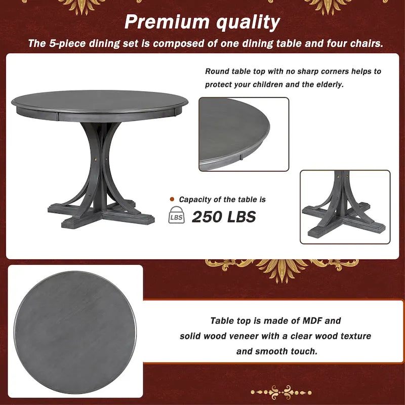 Ensemble de salle à manger rond 5 pièces rétro, ensemble de table à manger de cuisine style ferme avec pieds de table en tréteaux incurvés pour salle à manger