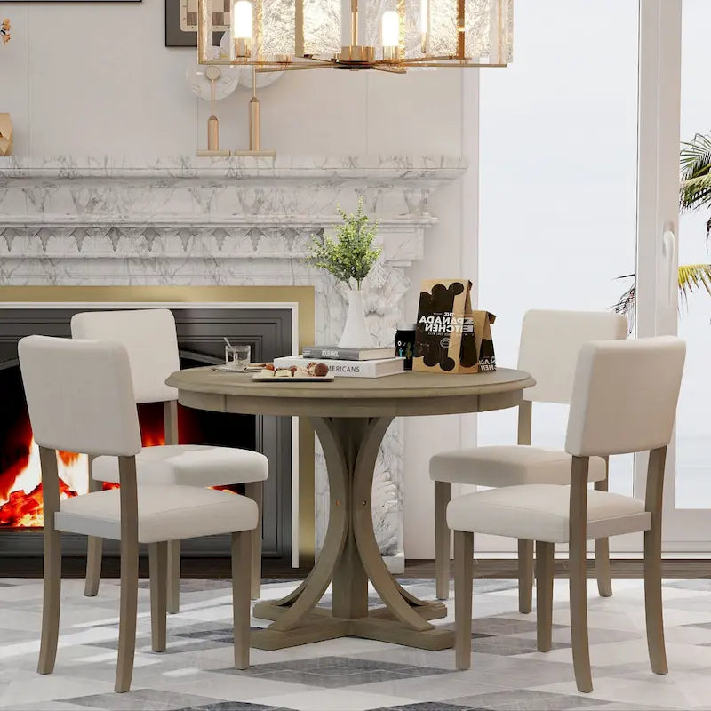 Ensemble de salle à manger rond 5 pièces rétro, ensemble de table à manger de cuisine style ferme avec pieds de table en tréteaux incurvés pour salle à manger