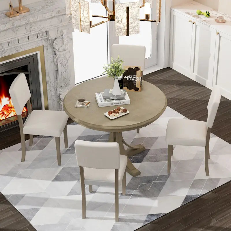 Ensemble de salle à manger rond 5 pièces rétro, ensemble de table à manger de cuisine style ferme avec pieds de table en tréteaux incurvés pour salle à manger