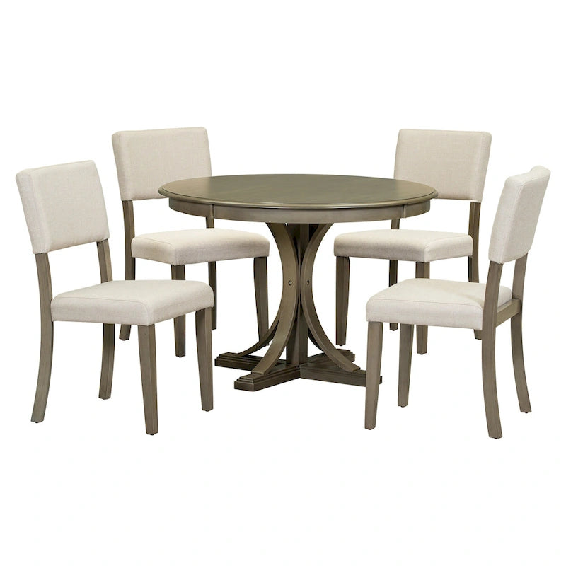 Ensemble de salle à manger rond 5 pièces rétro, ensemble de table à manger de cuisine style ferme avec pieds de table en tréteaux incurvés pour salle à manger