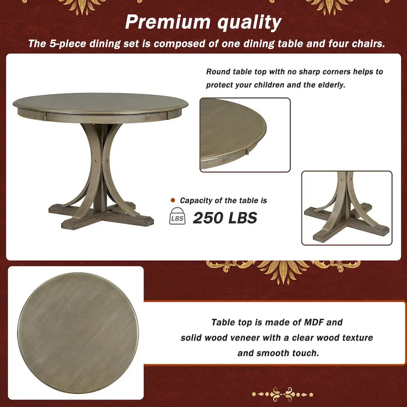 Ensemble de salle à manger rond 5 pièces rétro, ensemble de table à manger de cuisine style ferme avec pieds de table en tréteaux incurvés pour salle à manger