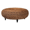 Table basse en jonc de mer tissé main Riau avec pieds en bois - Table ronde en osier naturel pour salon ou chambre à coucher