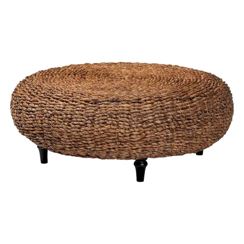 Table basse en jonc de mer tissé main Riau avec pieds en bois - Table ronde en osier naturel pour salon ou chambre à coucher