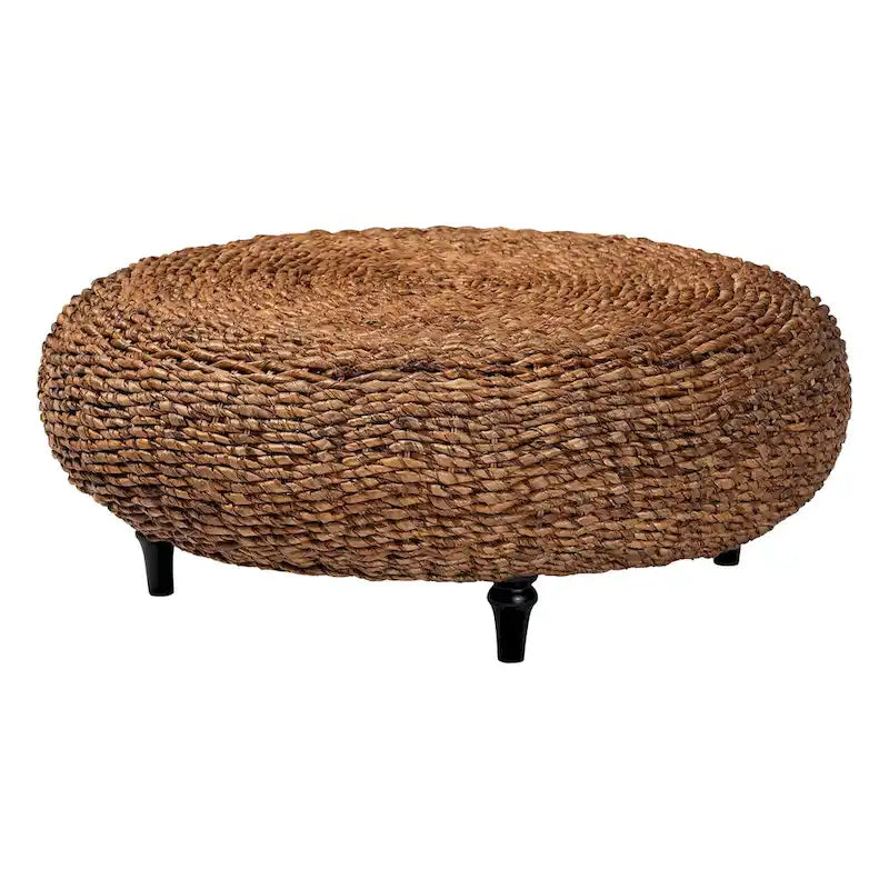 Table basse en jonc de mer tissé main Riau avec pieds en bois - Table ronde en osier naturel pour salon ou chambre à coucher