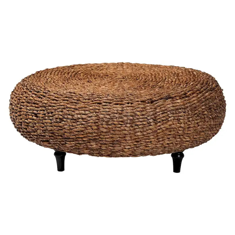 Table basse en jonc de mer tissé main Riau avec pieds en bois - Table ronde en osier naturel pour salon ou chambre à coucher