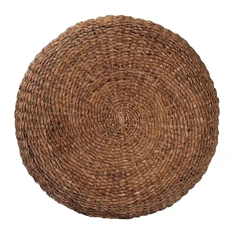 Table basse en jonc de mer tissé main Riau avec pieds en bois - Table ronde en osier naturel pour salon ou chambre à coucher