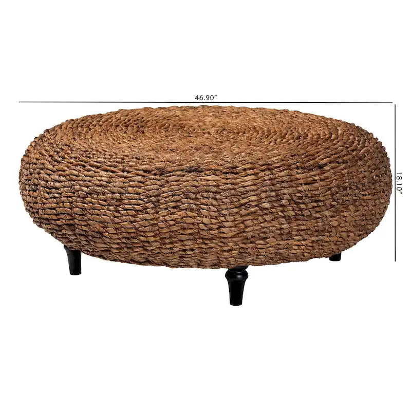 Table basse en jonc de mer tissé main Riau avec pieds en bois - Table ronde en osier naturel pour salon ou chambre à coucher