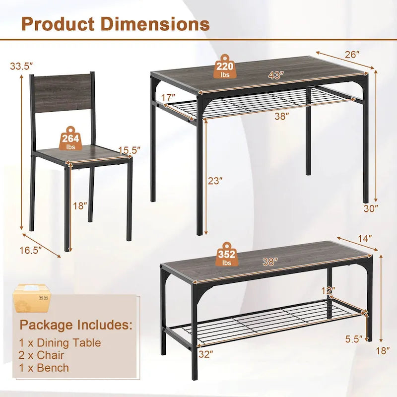 Costway Ensemble table à manger pour 4 personnes Table rectangulaire avec 2 chaises, 1
