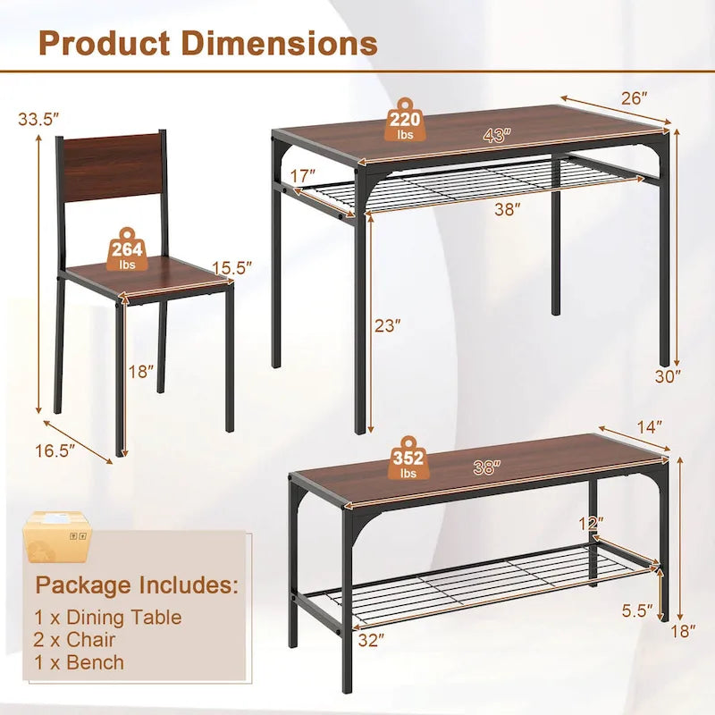 Costway Ensemble table à manger pour 4 personnes Table rectangulaire avec 2 chaises, 1